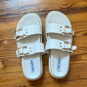 Steve Madden Cream Slides with Gold Accents